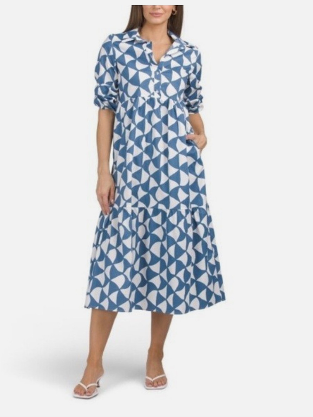 Rachel Zoe Blue and White Geometric Midi Shirt Dress
